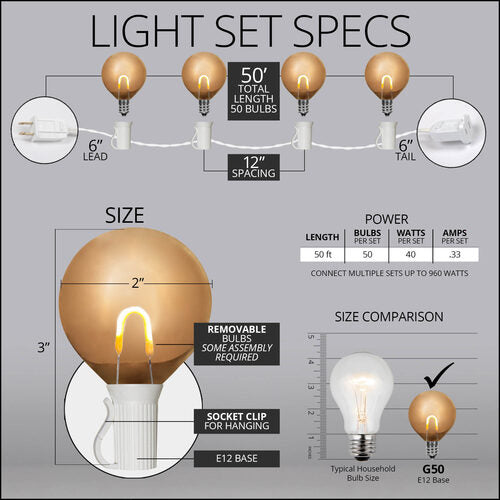 Warm White FlexFilament TM Shatterproof LED Patio String Light Set with G50 Bulbs on White Wire, E12 Base