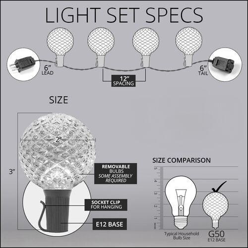 Warm White OptiCore LED Patio String Light Set with G50 Bulbs on Black Wire, E12 Base