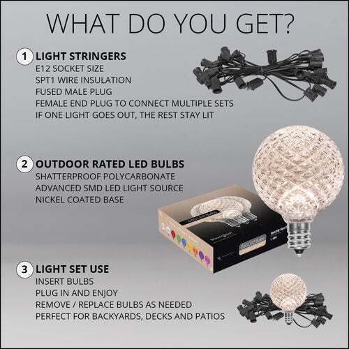 Warm White OptiCore LED Patio String Light Set with G50 Bulbs on Black Wire, E12 Base