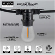 Warm White Straight Filament Shatterproof LED Patio String Light Set with S14 Bulbs on Black Wire