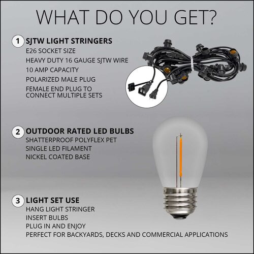 Warm White Straight Filament Shatterproof LED Patio String Light Set with S14 Bulbs on Black Wire