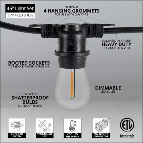Warm White Straight Filament Shatterproof LED Patio String Light Set with S14 Bulbs on Black Wire