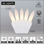 50 White Frost Mini Lights, White Wire, 4" Spacing