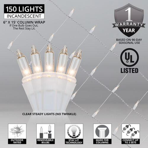 6" 15' Mini Clear Mini Christmas Column Wrap Lights, 150 Lights on White Wire