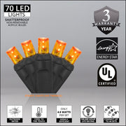 70 5mm Amber LED Christmas Lights, Black Wire, 4" Spacing