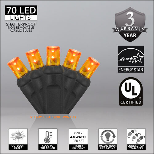 70 5mm Amber LED Christmas Lights, Black Wire, 4" Spacing