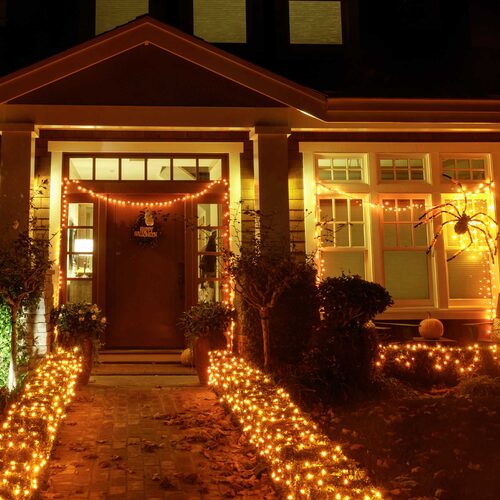 70 5mm Amber LED Christmas Lights, Green Wire, 4" Spacing