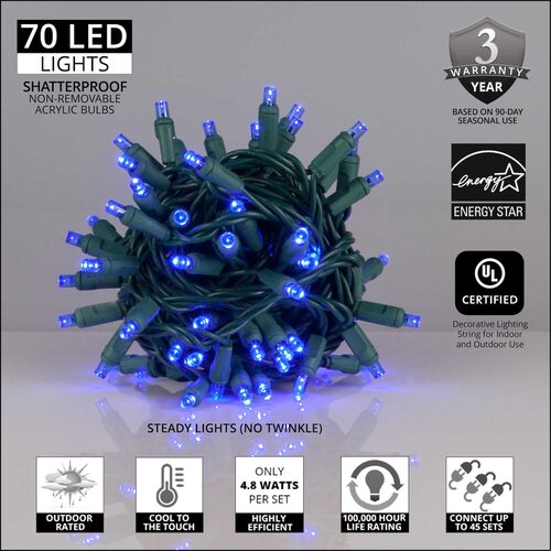 5mm Blue LED Christmas Lights, Green Wire