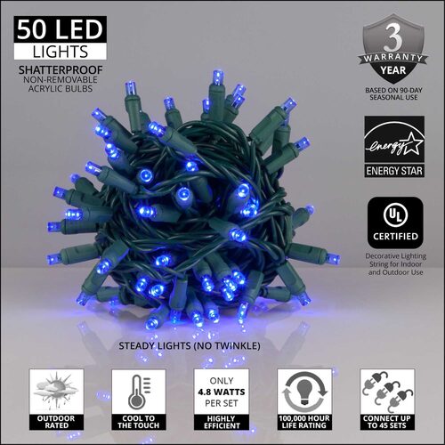 5mm Blue LED Christmas Lights, Green Wire