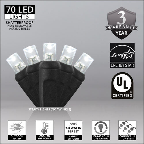 70 5mm Cool White LED Christmas Lights, Black Wire, 4" Spacing