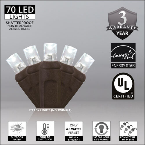 70 5mm Cool White LED Christmas Lights, Brown Wire, 4" Spacing