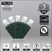 70 5mm Cool White LED Christmas Lights, Green Wire, 4" Spacing