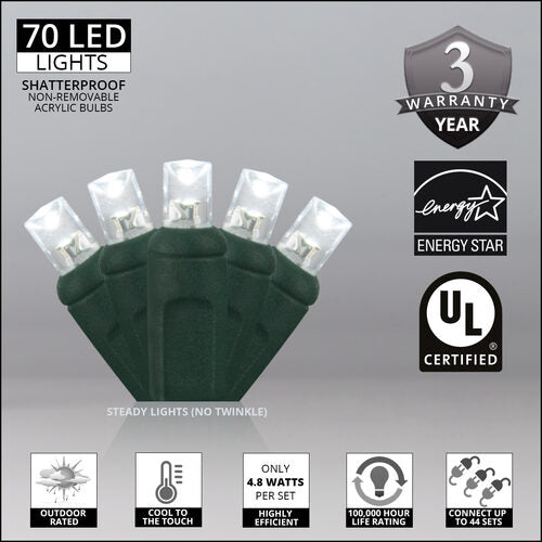 70 5mm Cool White LED Christmas Lights, Green Wire, 4" Spacing
