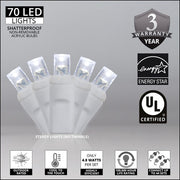70 5mm Cool White LED Christmas Lights, White Wire, 4" Spacing