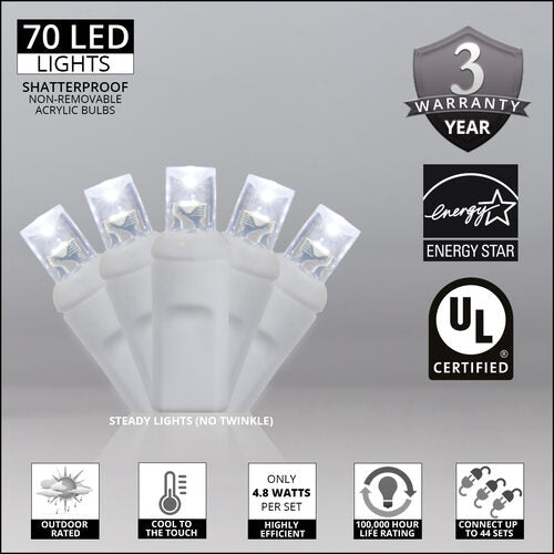 70 5mm Cool White LED Christmas Lights, White Wire, 4" Spacing