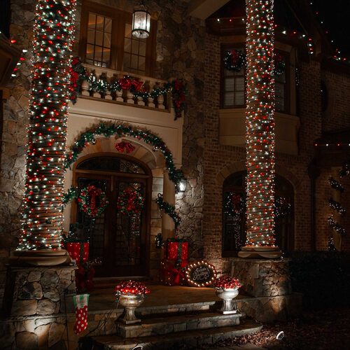 70 5mm Cool White, Red LED Christmas Lights, Green Wire, 4" Spacing