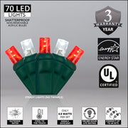 70 5mm Cool White, Red LED Christmas Lights, Green Wire, 4" Spacing