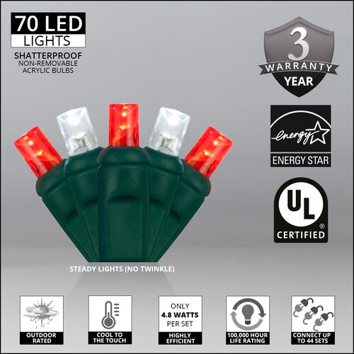 70 5mm Cool White, Red LED Christmas Lights, Green Wire, 4" Spacing