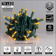 70 5mm Gold LED Christmas Lights, Green Wire, 4" Spacing