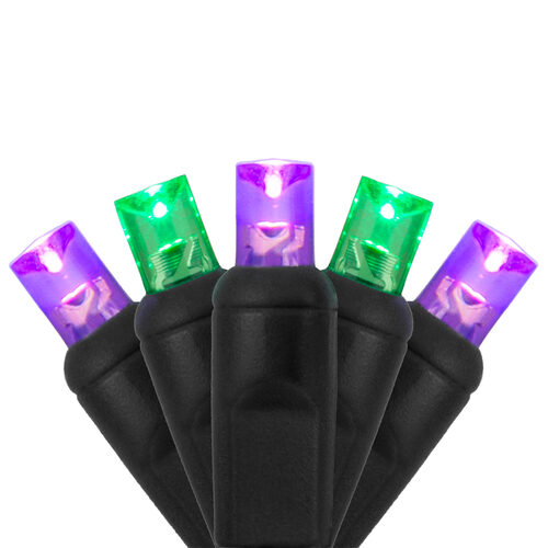 70 5mm Green, Purple LED Christmas Lights, Black Wire, 4" Spacing