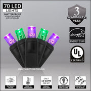 70 5mm Green, Purple LED Christmas Lights, Black Wire, 4" Spacing