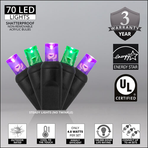 70 5mm Green, Purple LED Christmas Lights, Black Wire, 4" Spacing