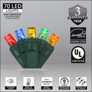 70 5mm Multi Color LED Christmas Lights, Green Wire, 4" Spacing, Contractor Pack