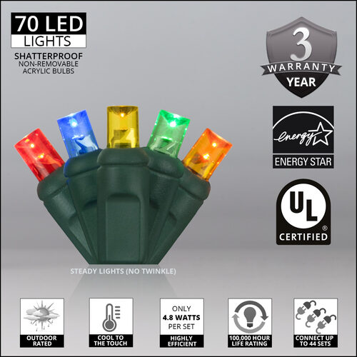 70 5mm Multi Color LED Christmas Lights, Green Wire, 4" Spacing, Contractor Pack