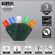 70 5mm Multi Color LED Christmas Lights, Green Wire, 4" Spacing