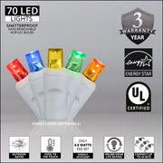 70 5mm Multi Color LED Christmas Lights, White Wire, 4" Spacing