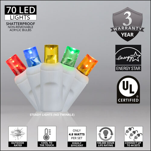 70 5mm Multi Color LED Christmas Lights, White Wire, 4" Spacing