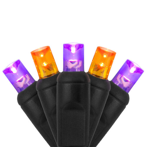 70 5mm Orange, Purple LED Christmas Lights, Black Wire, 4" Spacing