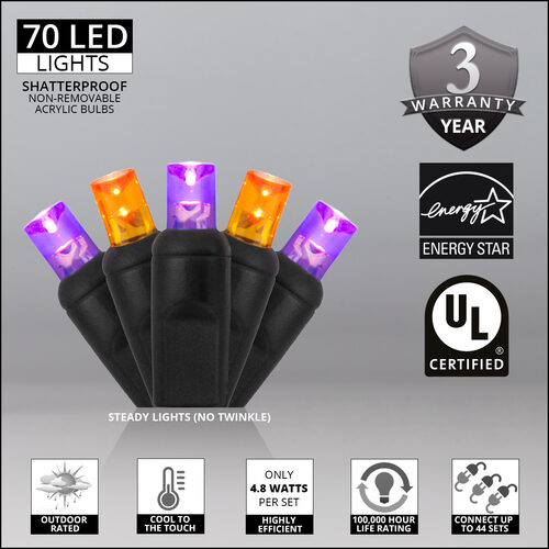 70 5mm Orange, Purple LED Christmas Lights, Black Wire, 4" Spacing
