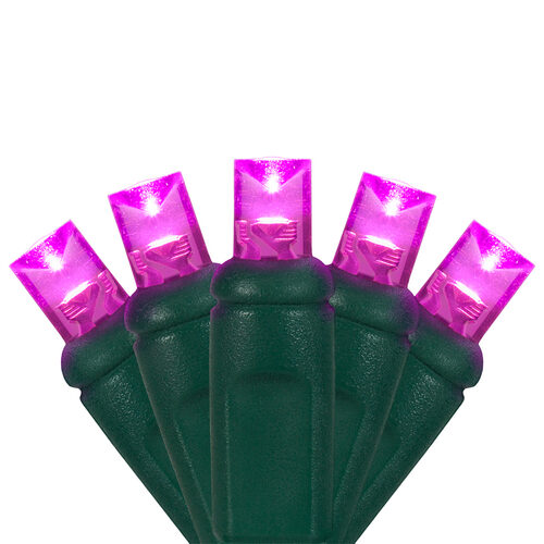 70 5mm Pink LED Christmas Lights, Green Wire, 4" Spacing