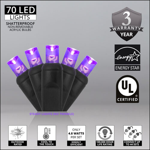 70 5mm Purple LED Christmas Lights, Black Wire, 4" Spacing