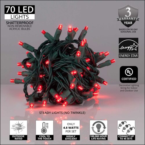 5mm Red LED Christmas Lights, Green Wire