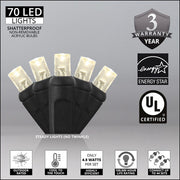 70 5mm Warm White LED Christmas Lights, Black Wire, 4" Spacing
