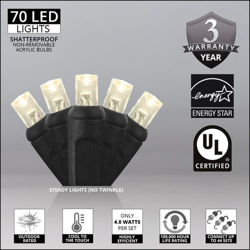 70 5mm Warm White LED Christmas Lights, Black Wire, 4" Spacing