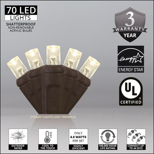 5mm Warm White LED Christmas Lights, Brown Wire