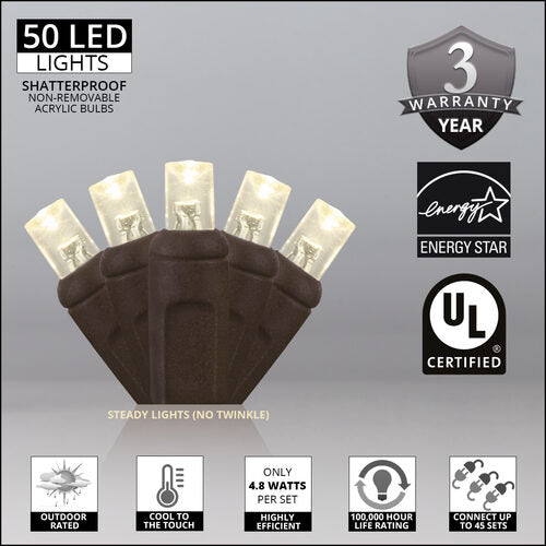 5mm Warm White LED Christmas Lights, Brown Wire