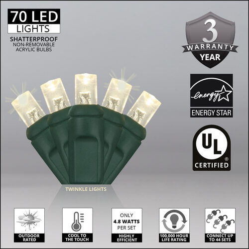 70 5mm Warm White Twinkle LED Christmas Lights, Green Wire, 4" Spacing