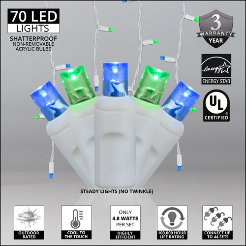 70 Blue, Green 5mm LED Icicle Lights on White Wire