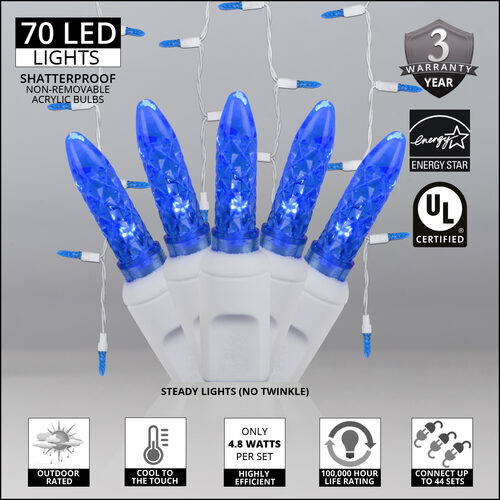70 Blue M5 LED Icicle Lights on White Wire