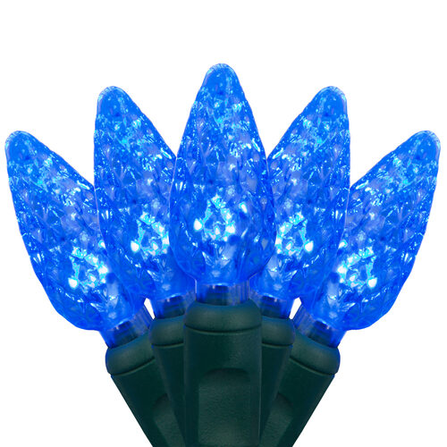 70 C6 Blue LED Christmas Lights, Green Wire, 4" Spacing