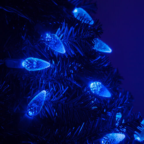 70 C6 Blue LED Christmas Lights, Green Wire, 4" Spacing