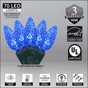 70 C6 Blue LED Christmas Lights, Green Wire, 4" Spacing
