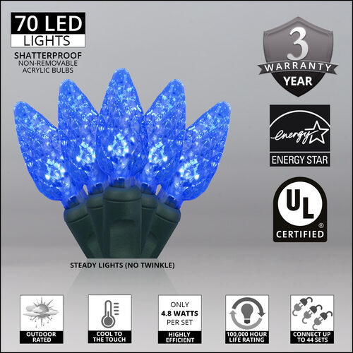 70 C6 Blue LED Christmas Lights, Green Wire, 4" Spacing