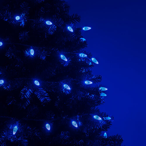 70 C6 Blue LED Christmas Lights, Green Wire, 4" Spacing