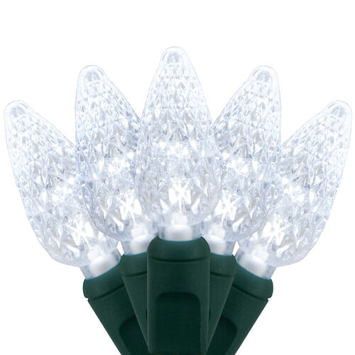 70 C6 Cool White LED Christmas Lights, Green Wire, 4" Spacing