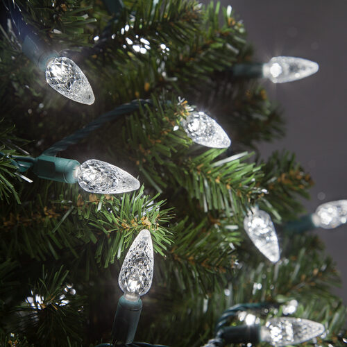 70 C6 Cool White LED Christmas Lights, Green Wire, 4" Spacing